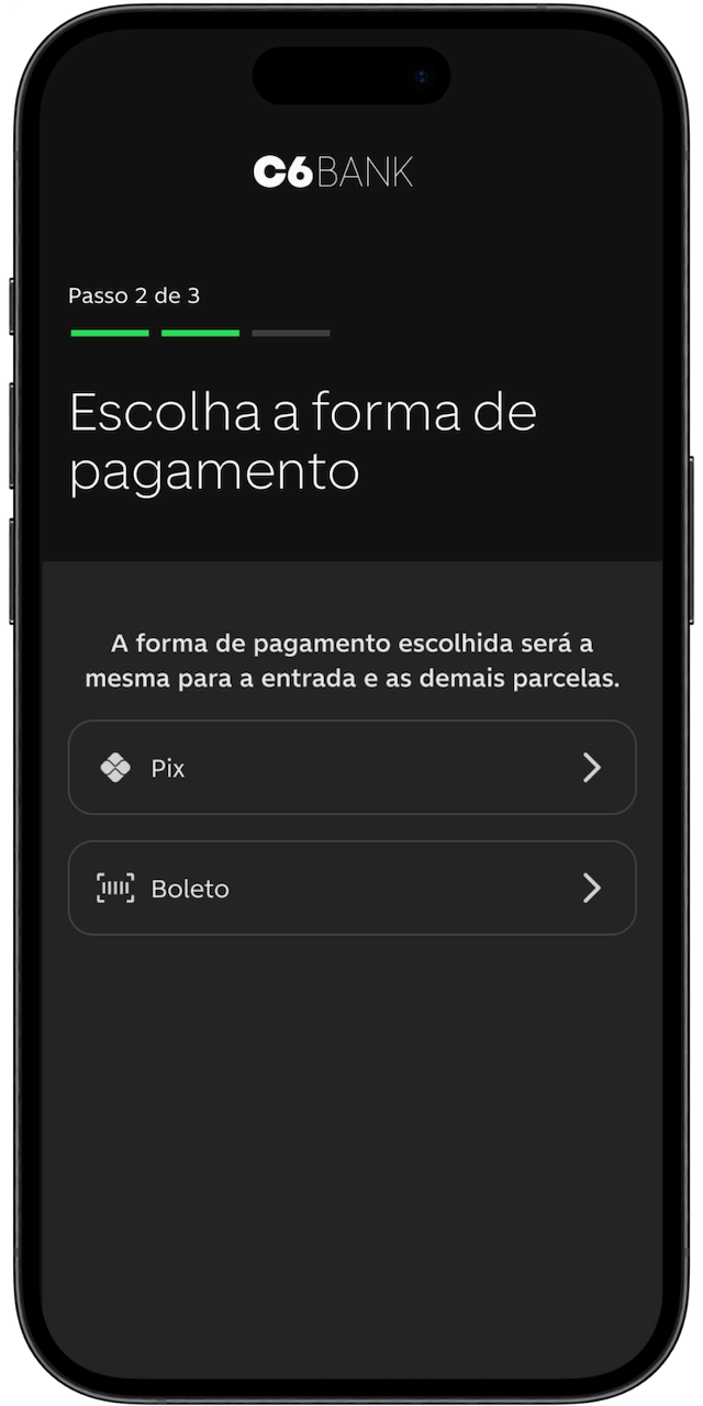 Imagem da tela do celular para escolher a forma de pagamento da renegociação