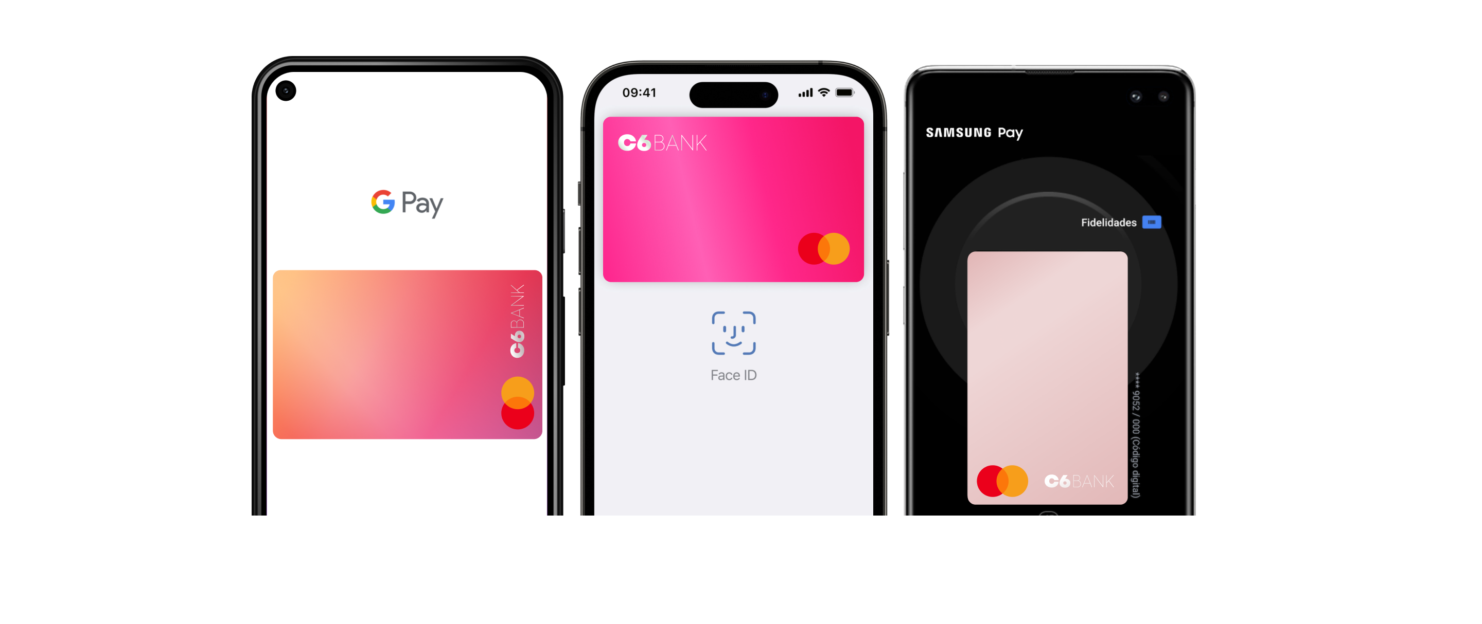 Fotografia de três celulares com o cartão C6 Débito na tela das seguintes carteiras digitais: Carteira do Google, Apple Pay e Samsung Pay