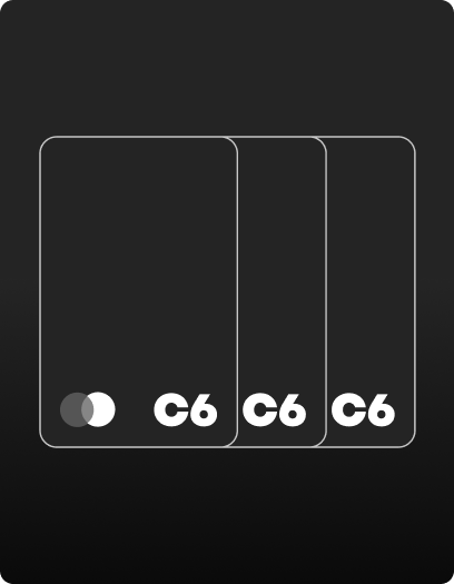 Três cartões sobrepostos com logotipo C6.