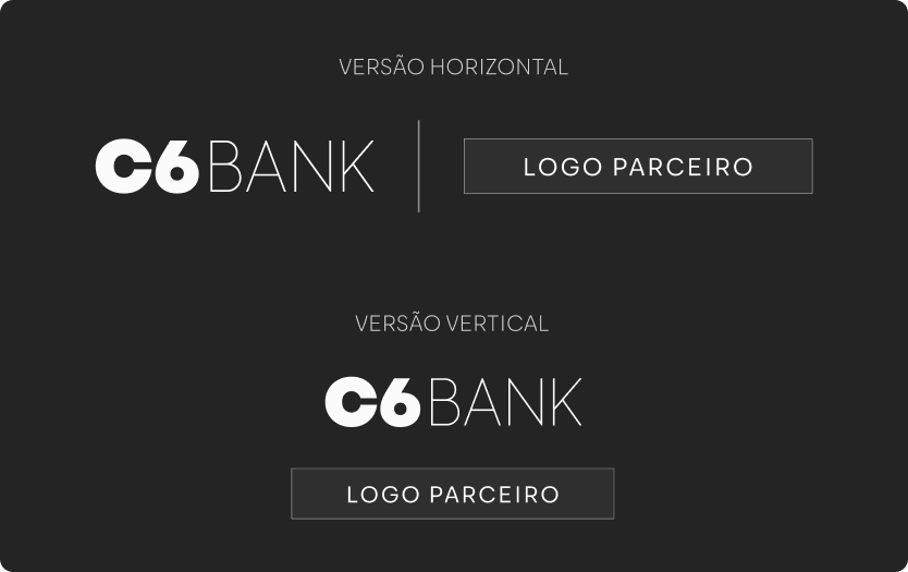 Exemplo de co-branding C6 Bank em versões horizontal e vertical.