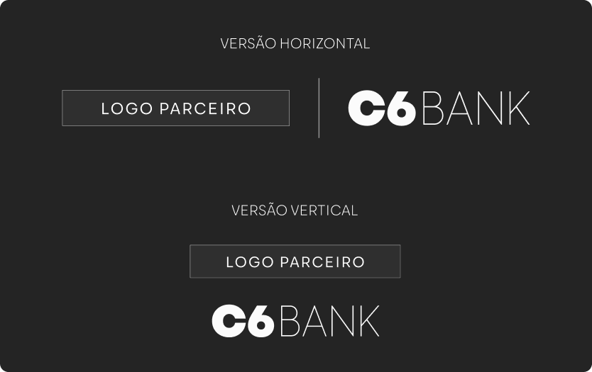 Co-branding com ordem invertida entre parceiro e C6 Bank.