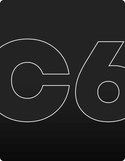 Logo da C6 Bank com as letras ‘C6’ em contorno branco sobre fundo preto.