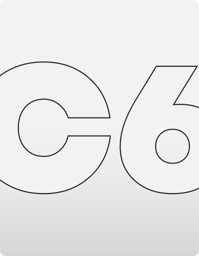 Logo da C6 Bank com as letras ‘C6’ em contorno branco sobre fundo preto.