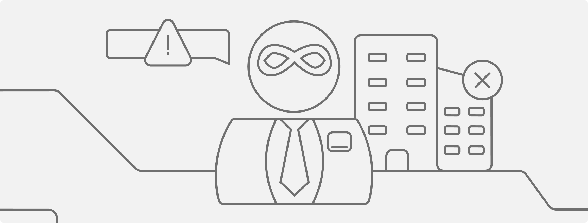 Ilustração do golpe do falso gerente, com pessoa com máscara, símbolo de alerta e prédio corporativo com X.