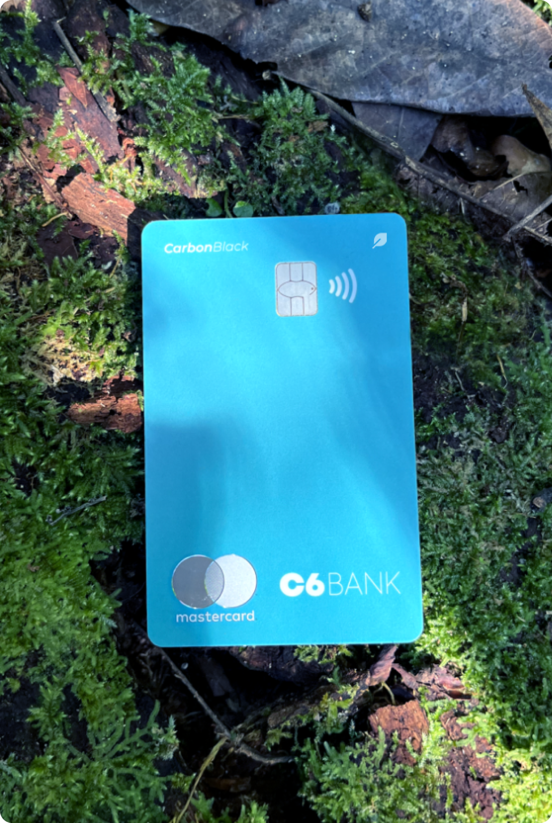 Cartão C6 Carbon Mastercard Black azul claro sobre musgo e folhas secas, com logos da Mastercard e C6 Bank.