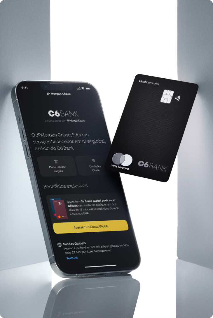 Cartão C6 Carbon e app do C6 Bank com benefícios do JPMorganChase.