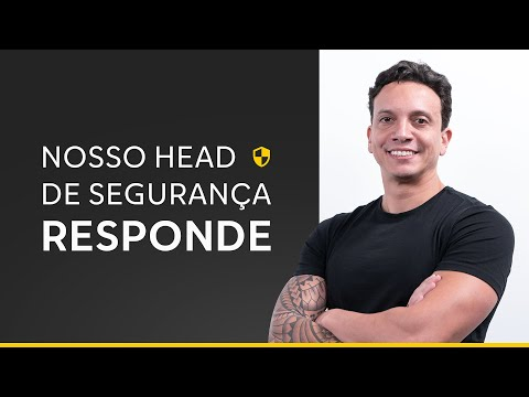 Homem de braços cruzados ao lado do texto "Nosso head de segurança responde", com escudo amarelo.