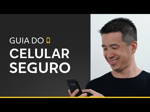 Homem sorridente olha para o celular, com o texto "Guia do celular seguro" e ícone de smartphone amarelo.
