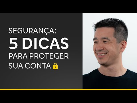 Homem sorridente ao lado do texto "Segurança: 5 dicas para proteger sua conta", com cadeado amarelo.