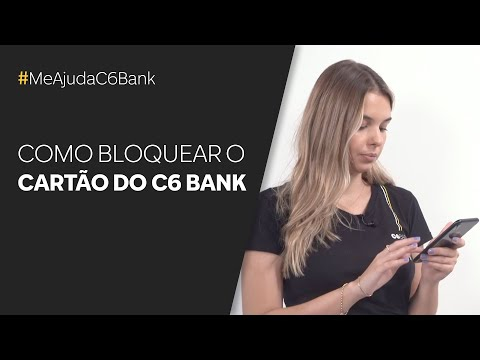 Mulher mexe no celular ao lado do texto "Como bloquear o cartão do C6 Bank", com a hashtag #MeAjudaC6Bank.