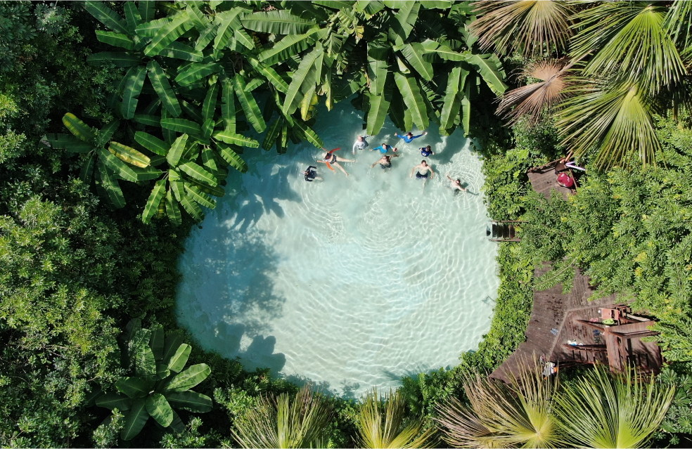 Vista aérea de uma piscina natural em meio à vegetação tropical, com pessoas se divertindo na água cristalina. Um convite à natureza e ao lazer.