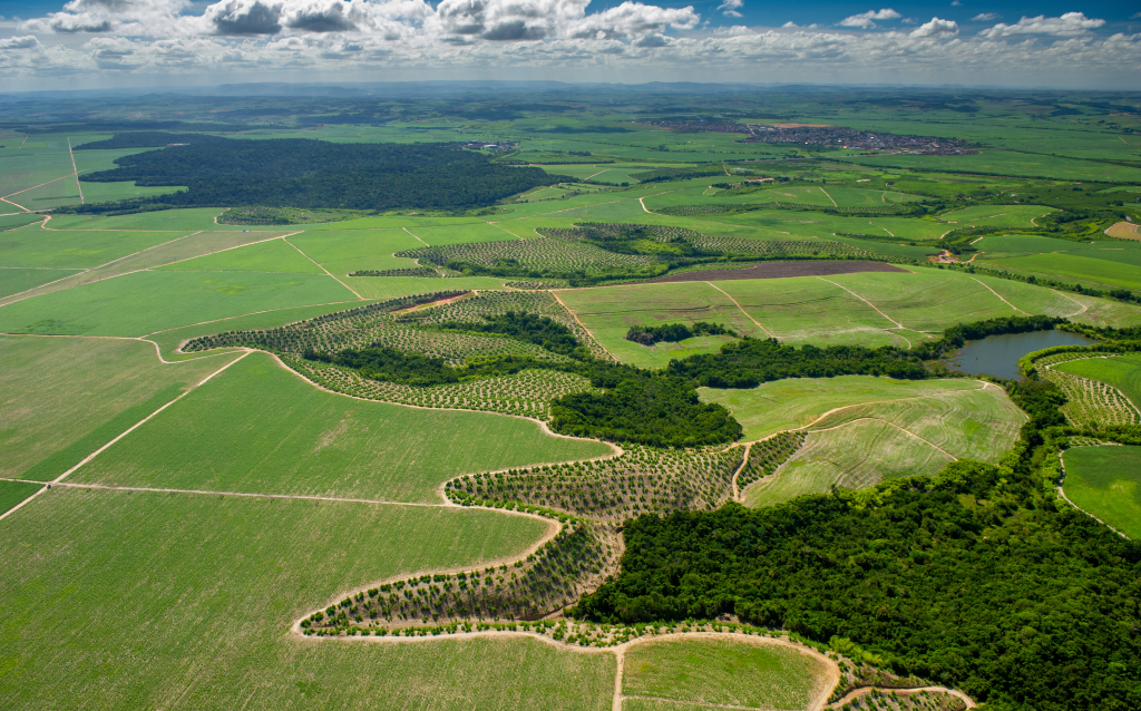 Vista aérea de uma vasta área verde com fazendas, plantações e um lago, destacando a rica paisagem agrícola do Brasil.