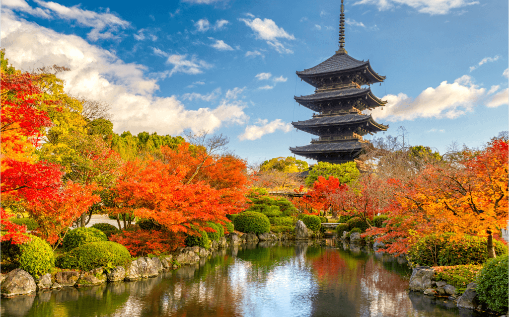 Vista de um templo tradicional japonês cercado por árvores com folhagem vermelha e amarela no outono, em Kyoto.