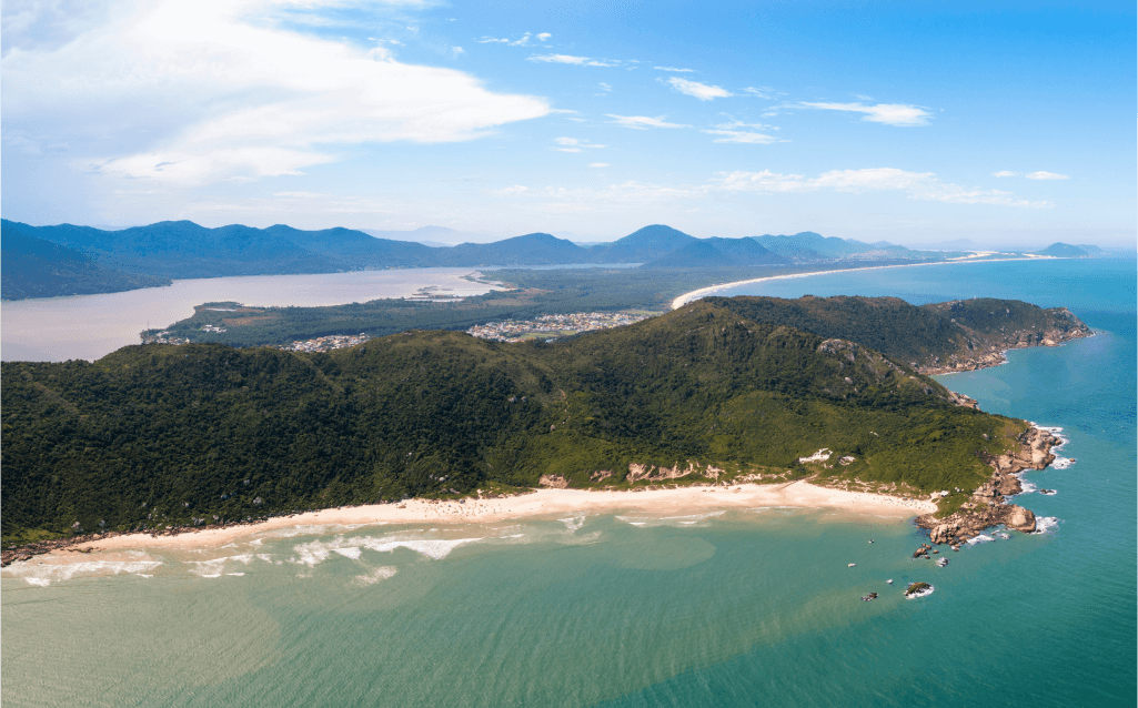 Vista aérea da Ilha do Campeche, em Florianópolis, com vegetação densa e águas claras.