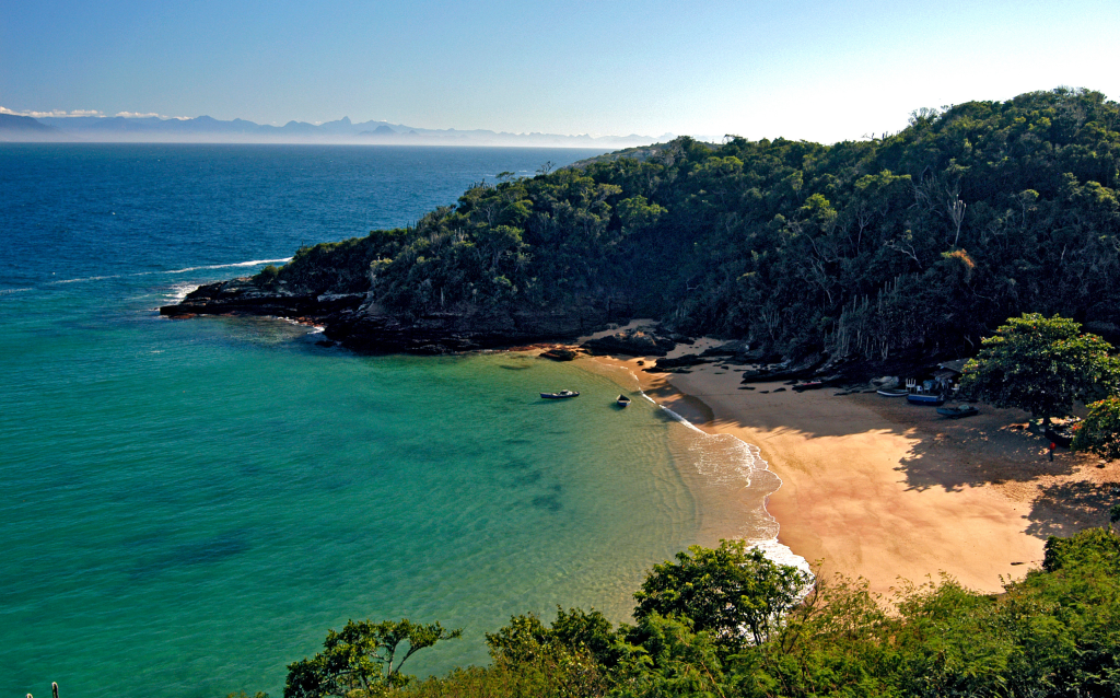 Uma deslumbrante praia com águas cristalinas e areia dourada, cercada por vegetação exuberante e um mar calmo, ideal para relaxar e apreciar a natureza.