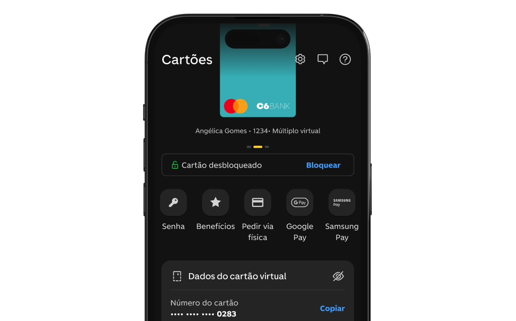 imagem do app do c6 bank aberto  na página do cartão virtual c6 acqua