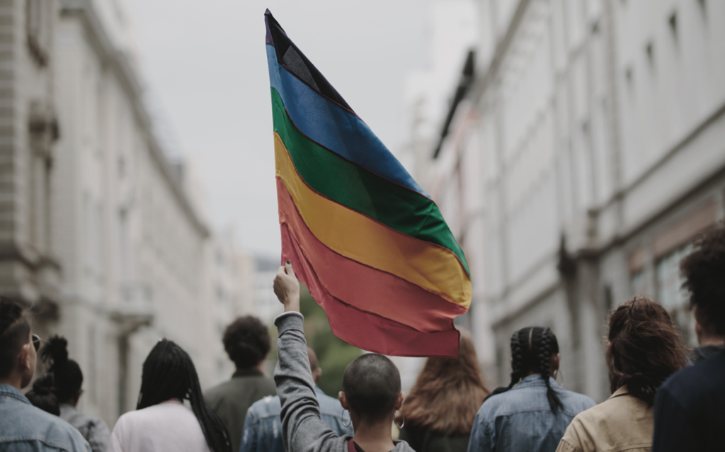 Pessoa segurando a bandeira LGBTQIA+ no meio de uma manifestação