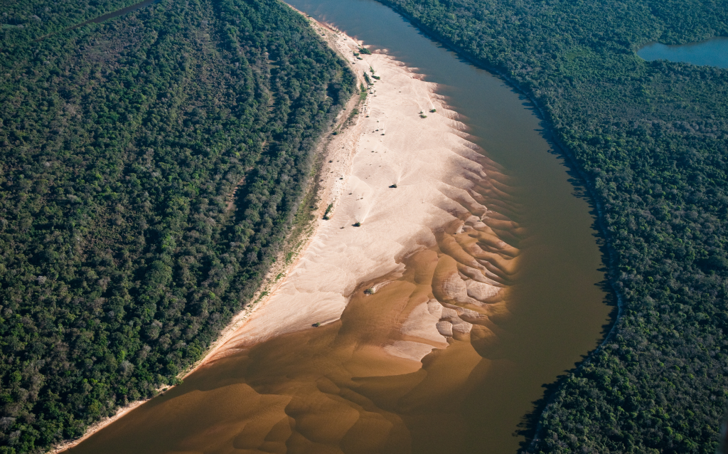 Vista aérea de um rio rodeado por uma densa vegetação e uma praia de areia, ilustrando a beleza natural e a diversidade da paisagem no Brasil.