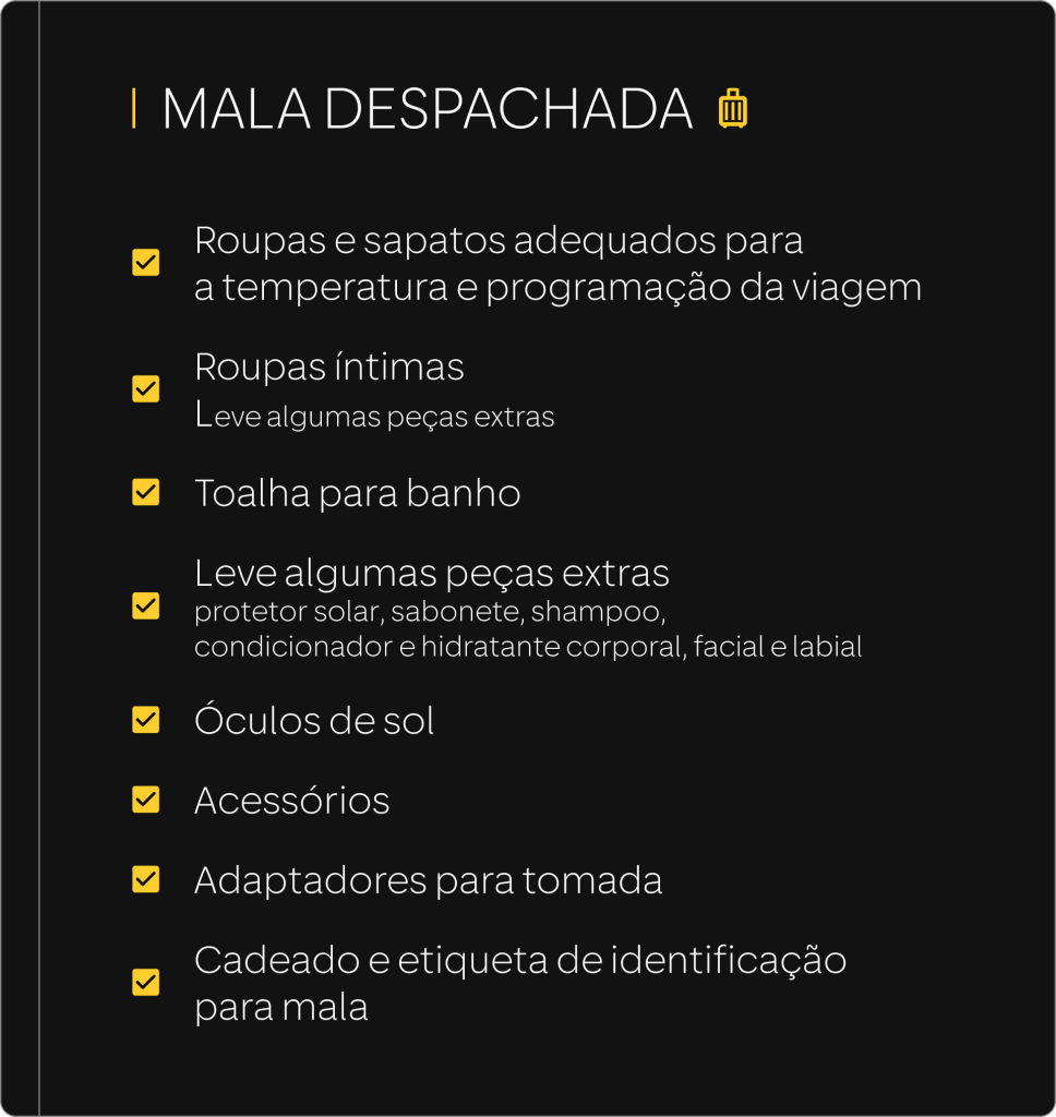 Mala despachada: • Roupas e sapatos adequados para a temperatura e programação da viagem; • Roupas intimas (leve algumas peças extras); • Tolha para banho; • Itens de higiene (protetor solar, sabonete, shampoo, condicionador e hidratante corporal, facial e labial); • Óculos de sol; • Acessórios; • Adaptadores para tomada; • Cadeado e etiqueta de identificação para mala; 