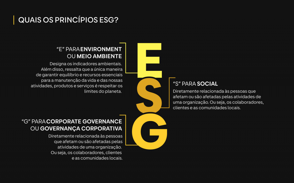 Infográfico para destacar os princípios ESG. São eles: &quot;E&quot; para Environment ou Meio ambiente, &quot;S&quot; para social e &quot;G&quot; para Corporate Governance ou Governança Corporativa