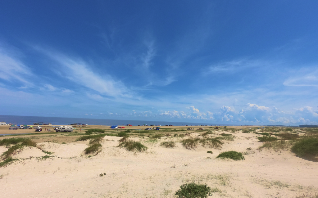 Paisagem de praia com areias claras, vegetação rasteira e céu azul, ideal para aproveitamento em atividades ao ar livre e lazer na natureza.