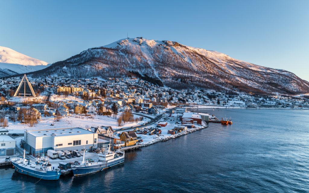   Vista panorâmica da cidade coberta de neve, destacando navios no porto e a montanha ao fundo em um dia claro, ideal para turismo em regiões frias.