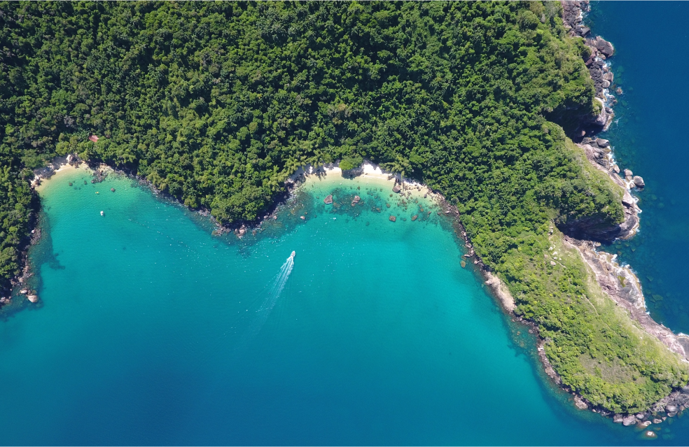 Vista de cima de uma praia com morros verdes ao em torno.