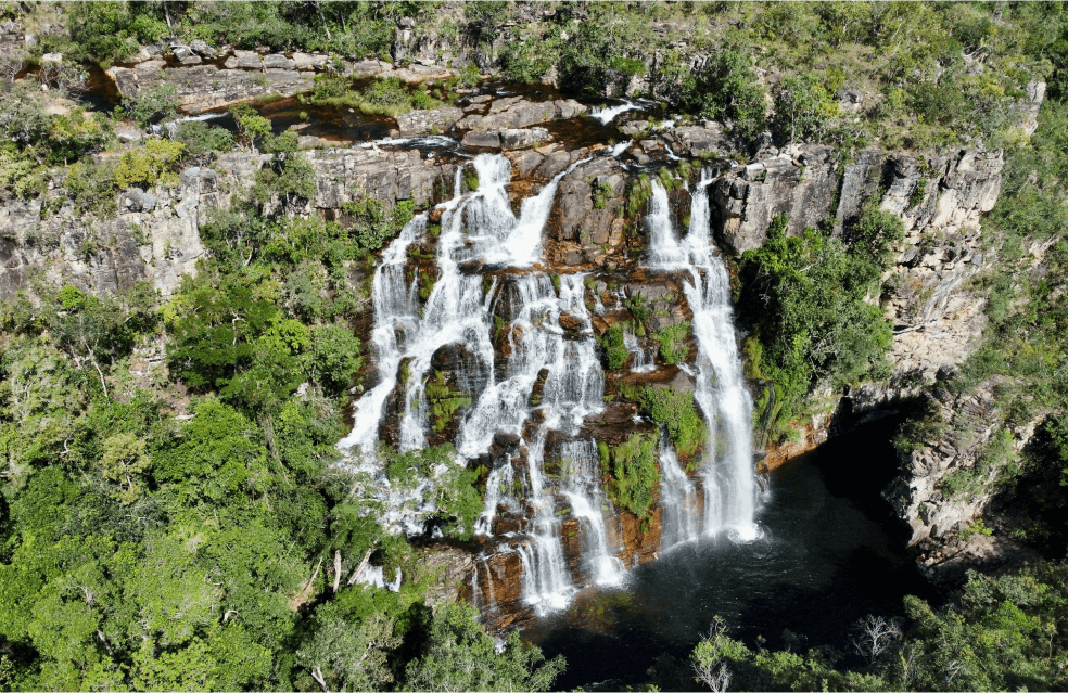 Vista de cima de uma queda de água cercada por vegetação verde.